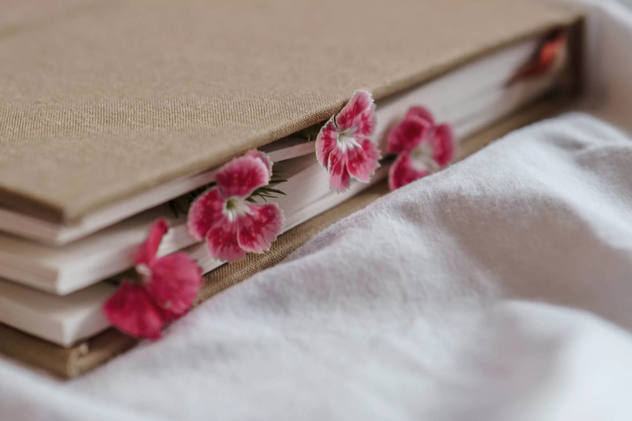 a plain notebook or journal with small pink flowers sticking out of it. the image reminds me of a diary of a girl