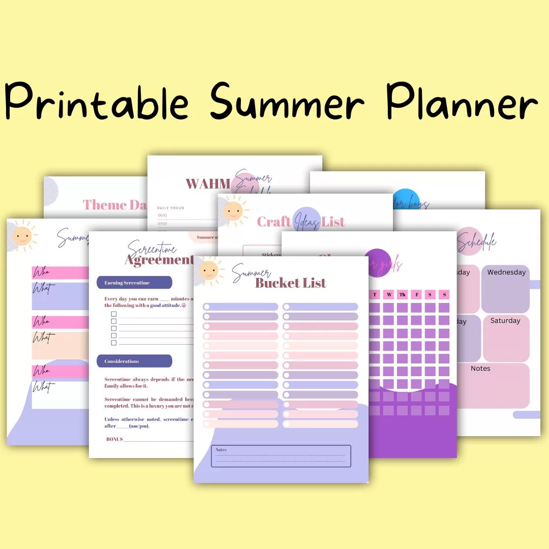 feature image showing several of the printable summer planner pages