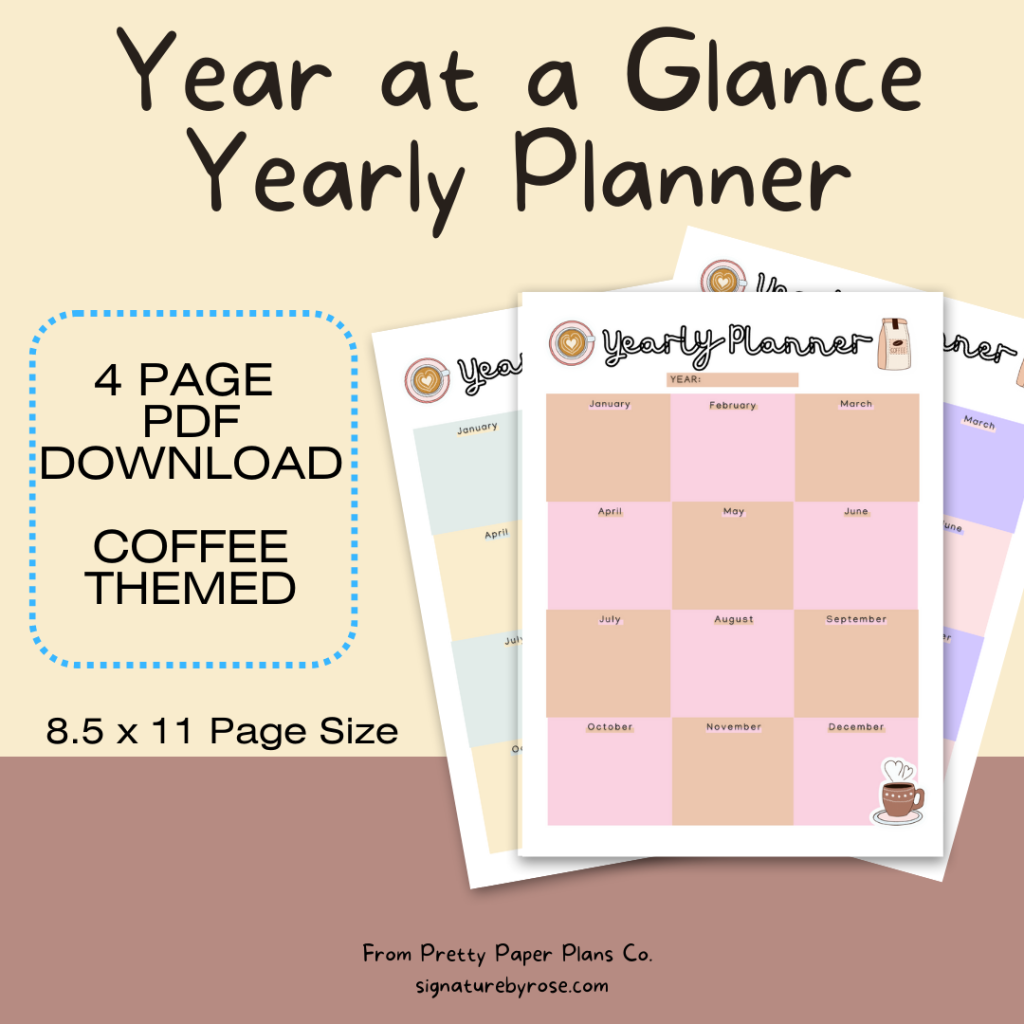 mock display of the 4 page pdf Printable Yearly Planner on One Page, Year At A Glance, Printable Yearly Calendar, 