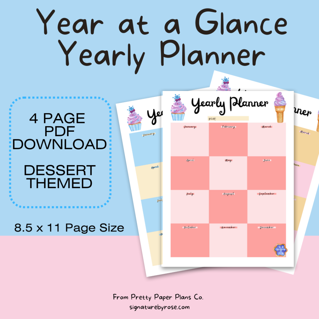 mock display of the 4 page pdf Printable Yearly Planner, Sweet Treats, Year At A Glance, 12 Month Overview