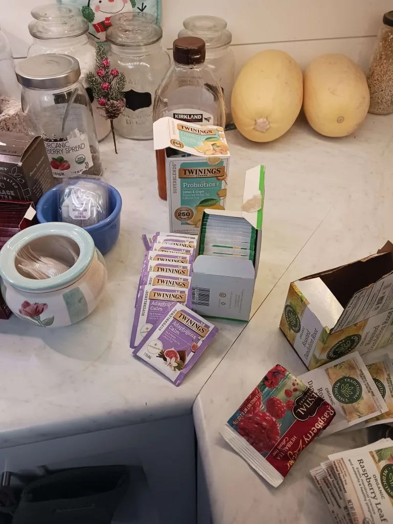 a photo of my teas that I organized into categories, some were for adaptagens, women's health, sleepytime tea, etc.