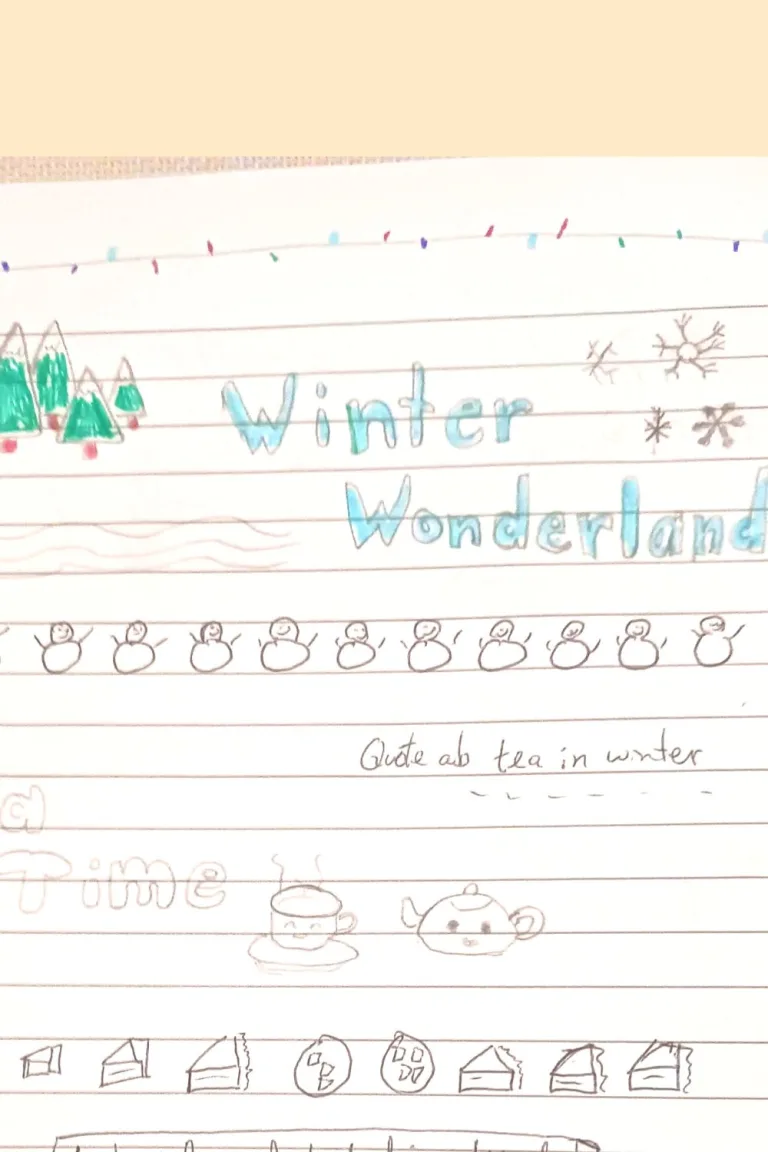 winter journal prompt page full of winter hand-drawn designs